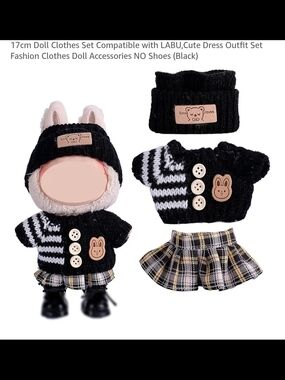 Labubu Cute Black Plaid Doll Outfit Set for 17cm Dolls - Bunny Patch